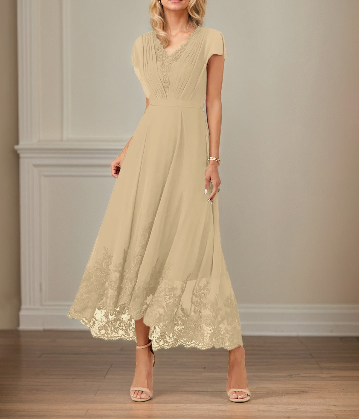 A Line V Neck Flutter Sleeve Ankle Length Chiffon Dress With Appliques