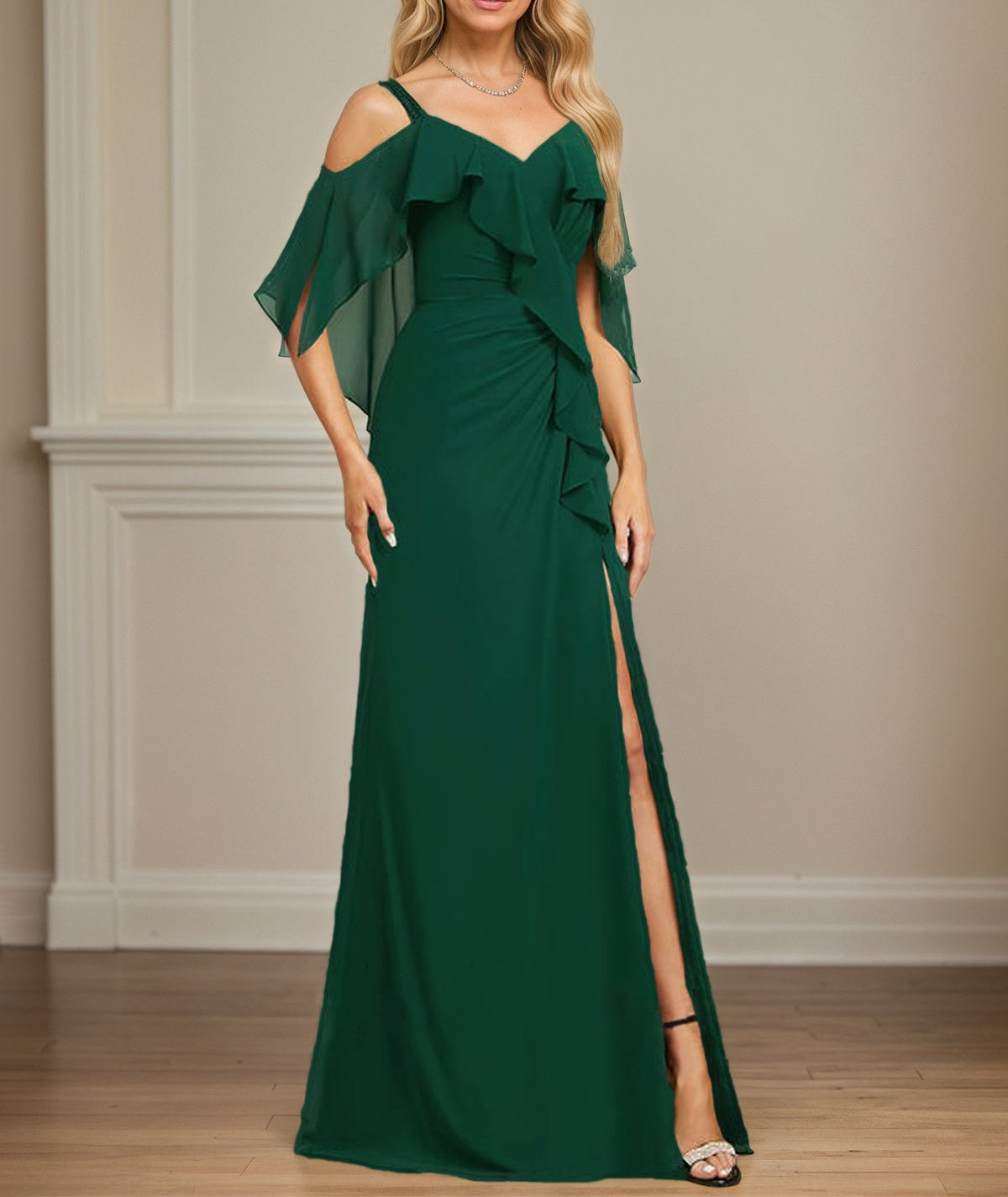 Sheath/Column Cold Shoulder V-Neck Floor-Length Chiffon Dress With Cascading Ruffles Sequins Beading
