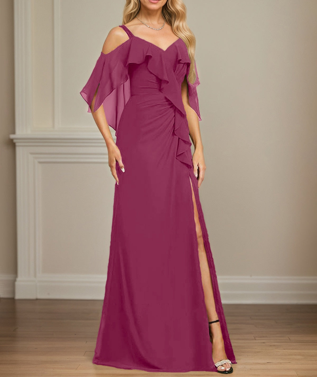 Sheath/Column Cold Shoulder V-Neck Floor-Length Chiffon Dress With Cascading Ruffles Sequins Beading