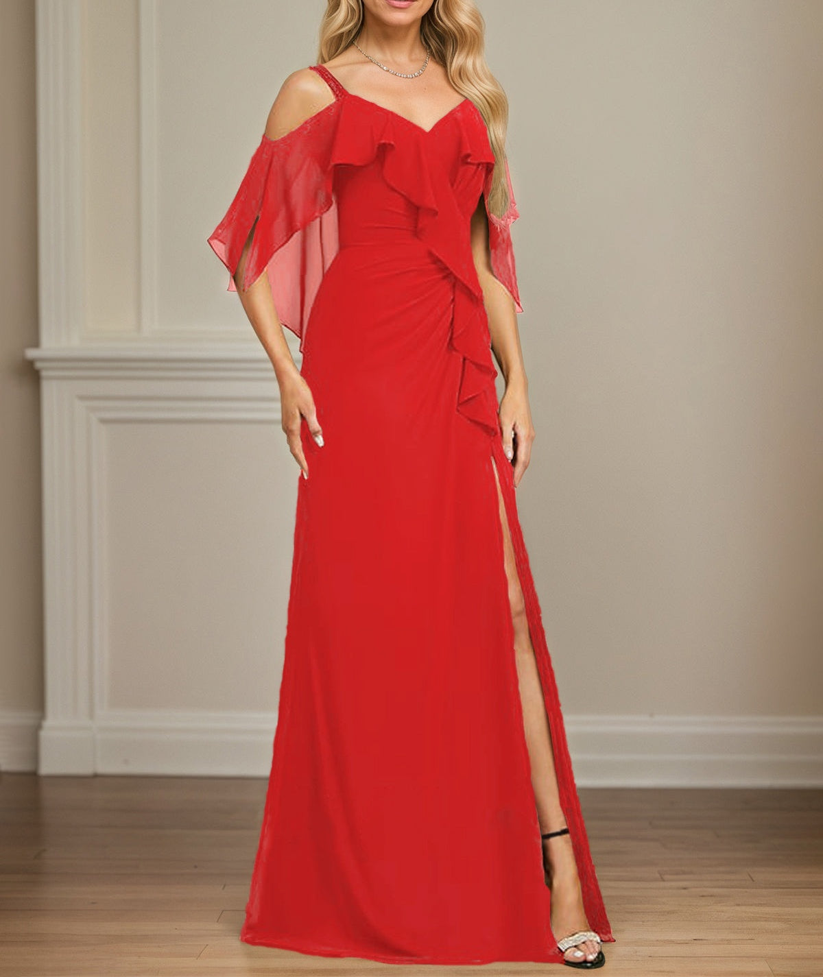 Sheath/Column Cold Shoulder V-Neck Floor-Length Chiffon Dress With Cascading Ruffles Sequins Beading