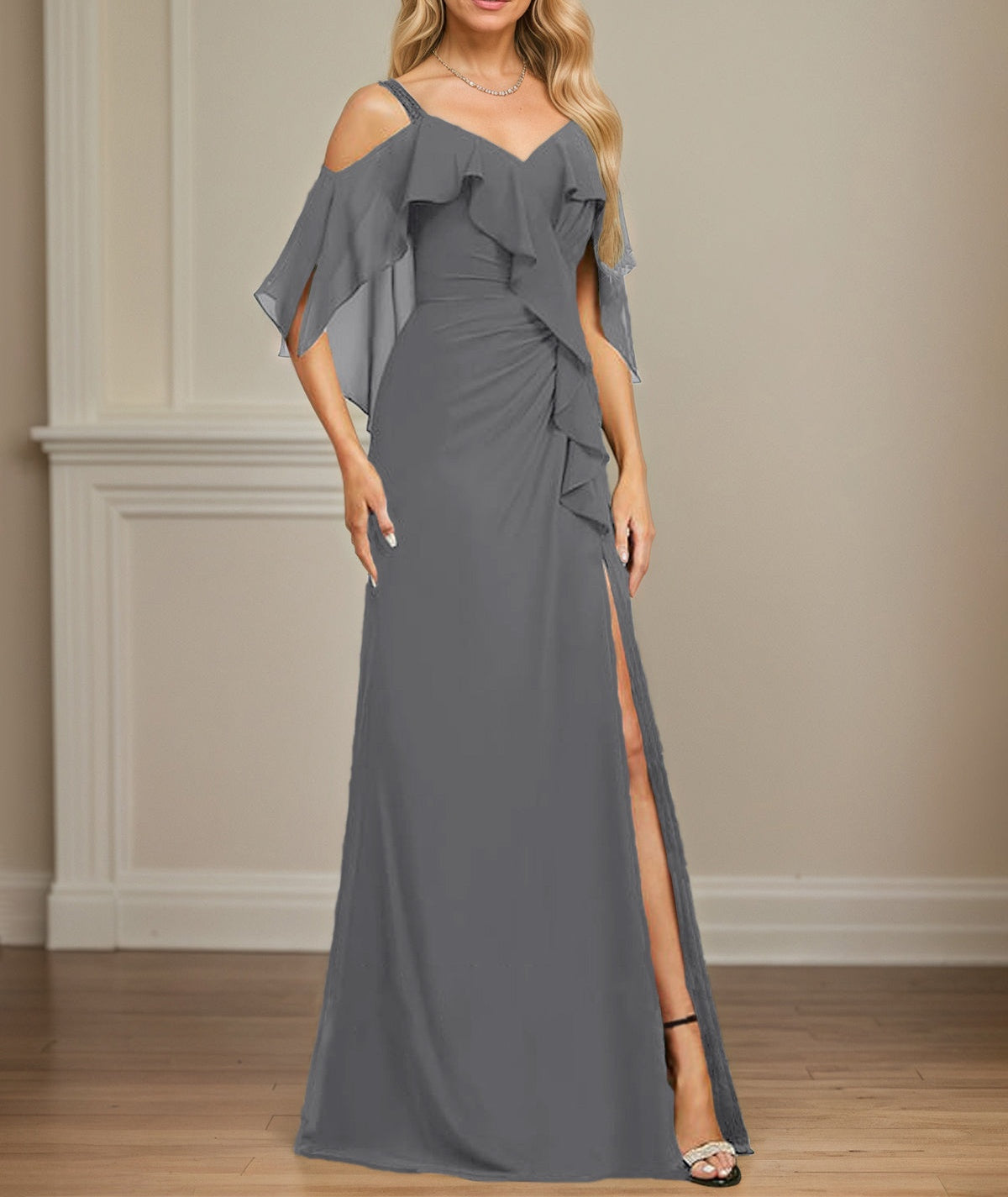 Sheath/Column Cold Shoulder V-Neck Floor-Length Chiffon Dress With Cascading Ruffles Sequins Beading