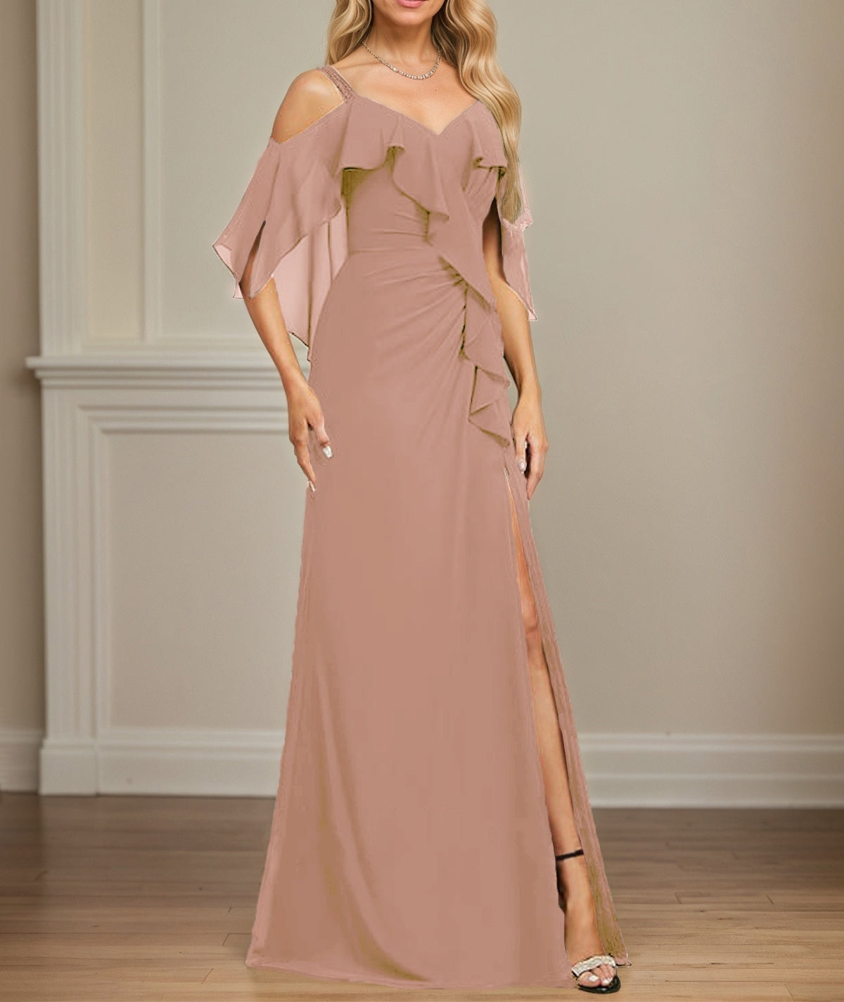 Sheath/Column Cold Shoulder V-Neck Floor-Length Chiffon Dress With Cascading Ruffles Sequins Beading