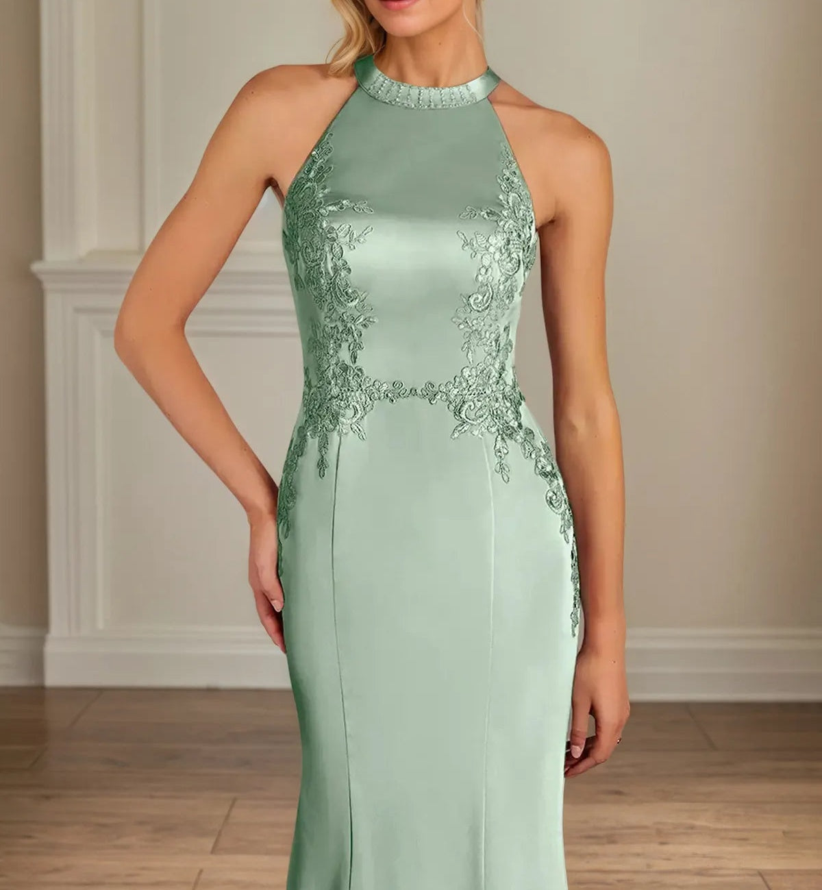 Trumpet/Mermaid Halter Neck Sleeveless Floor-Length Satin Dress With Pleated