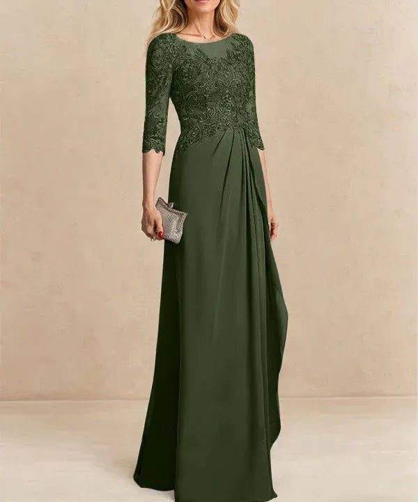 A-line Scoop Illusion Floor-Length Chiffon Lace Mother of the Bride Dress With Beading Sequins Cascading Ruffles