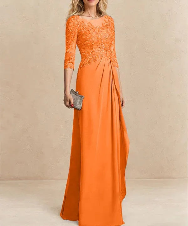 A-line Scoop Illusion Floor-Length Chiffon Lace Mother of the Bride Dress With Beading Sequins Cascading Ruffles