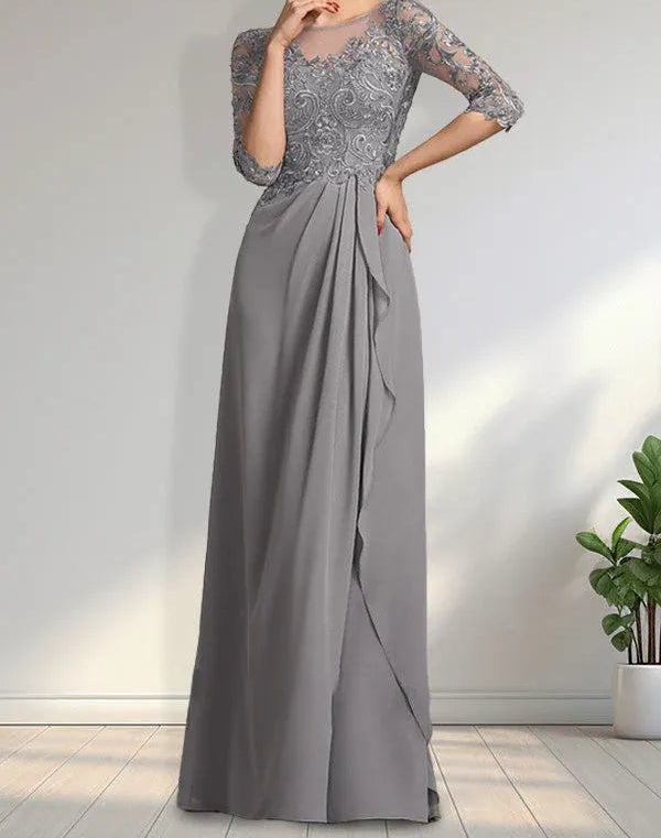 A-line Scoop Illusion Floor-Length Chiffon Lace Mother of the Bride Dress With Beading Sequins Cascading Ruffles