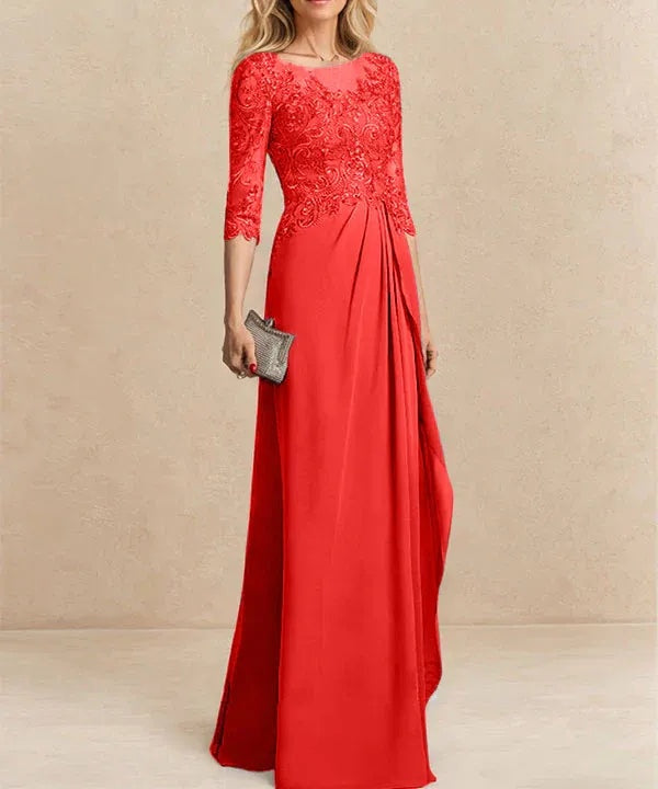 A-line Scoop Illusion Floor-Length Chiffon Lace Mother of the Bride Dress With Beading Sequins Cascading Ruffles
