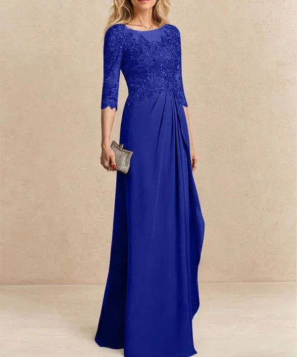 A-line Scoop Illusion Floor-Length Chiffon Lace Mother of the Bride Dress With Beading Sequins Cascading Ruffles