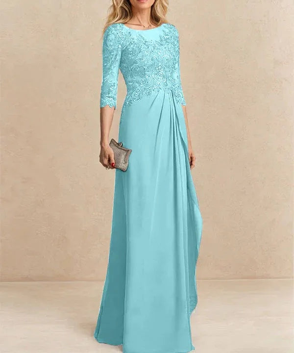 A-line Scoop Illusion Floor-Length Chiffon Lace Mother of the Bride Dress With Beading Sequins Cascading Ruffles