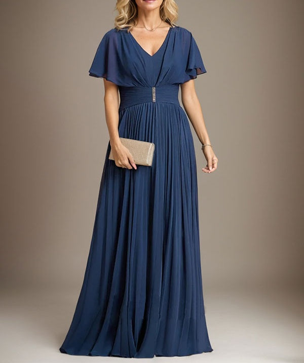 A-line V-Neck Floor-Length Chiffon Mother of the Bride Dress With Crystal Brooch Pleated