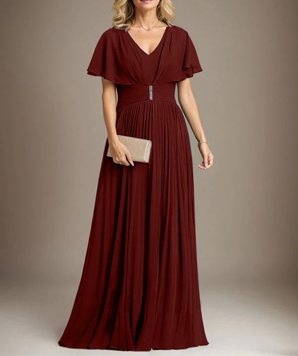 A-line V-Neck Floor-Length Chiffon Mother of the Bride Dress With Crystal Brooch Pleated