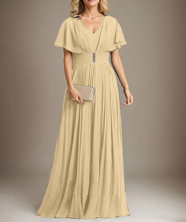 A-line V-Neck Floor-Length Chiffon Mother of the Bride Dress With Crystal Brooch Pleated