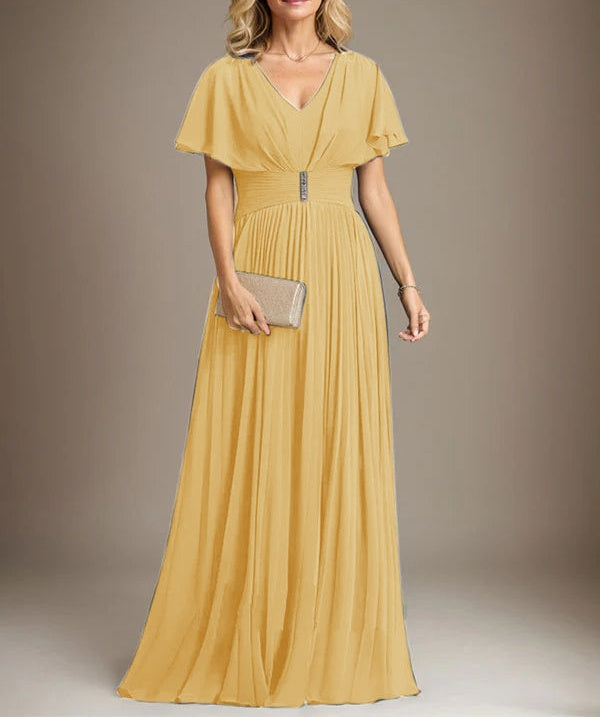A-line V-Neck Floor-Length Chiffon Mother of the Bride Dress With Crystal Brooch Pleated