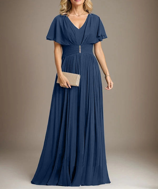 A-line V-Neck Floor-Length Chiffon Mother of the Bride Dress With Crystal Brooch Pleated