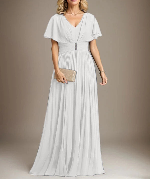A-line V-Neck Floor-Length Chiffon Mother of the Bride Dress With Crystal Brooch Pleated