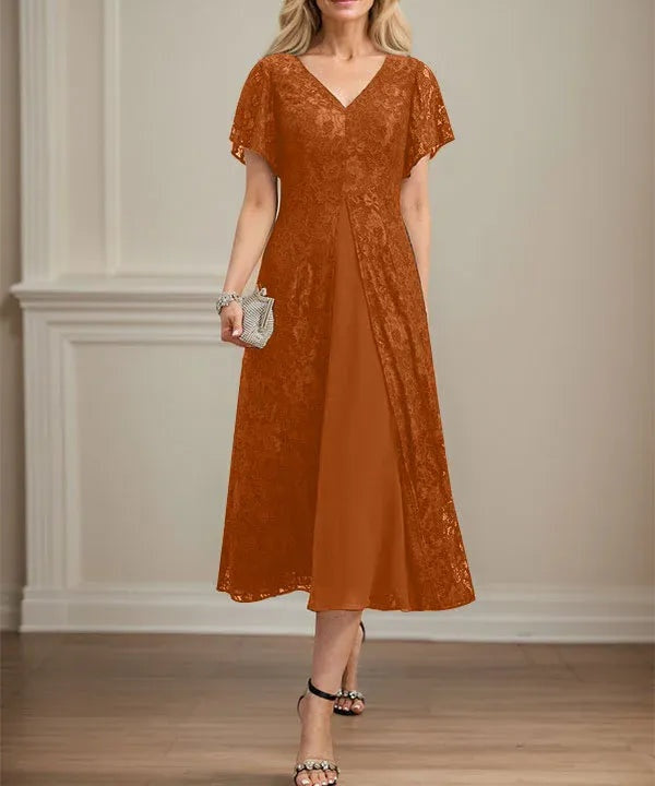 A-line V-Neck Tea-Length Lace Chiffon Mother of the Bride Dress