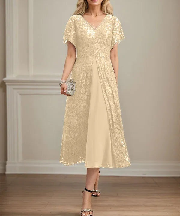 A-line V-Neck Tea-Length Lace Chiffon Mother of the Bride Dress