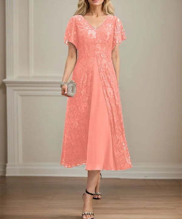 A-line V-Neck Tea-Length Lace Chiffon Mother of the Bride Dress