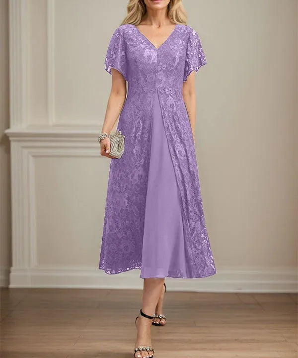 A-line V-Neck Tea-Length Lace Chiffon Mother of the Bride Dress