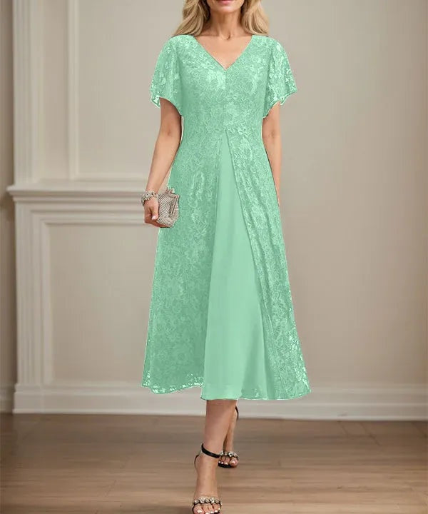 A-line V-Neck Tea-Length Lace Chiffon Mother of the Bride Dress