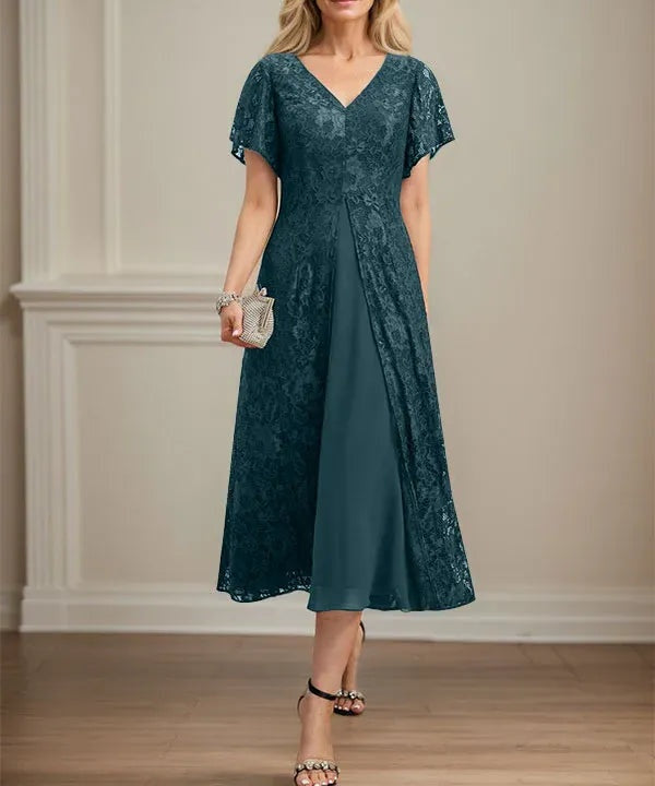 A-line V-Neck Tea-Length Lace Chiffon Mother of the Bride Dress