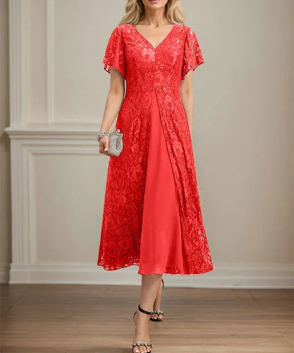 A-line V-Neck Tea-Length Lace Chiffon Mother of the Bride Dress