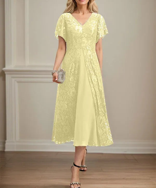A-line V-Neck Tea-Length Lace Chiffon Mother of the Bride Dress