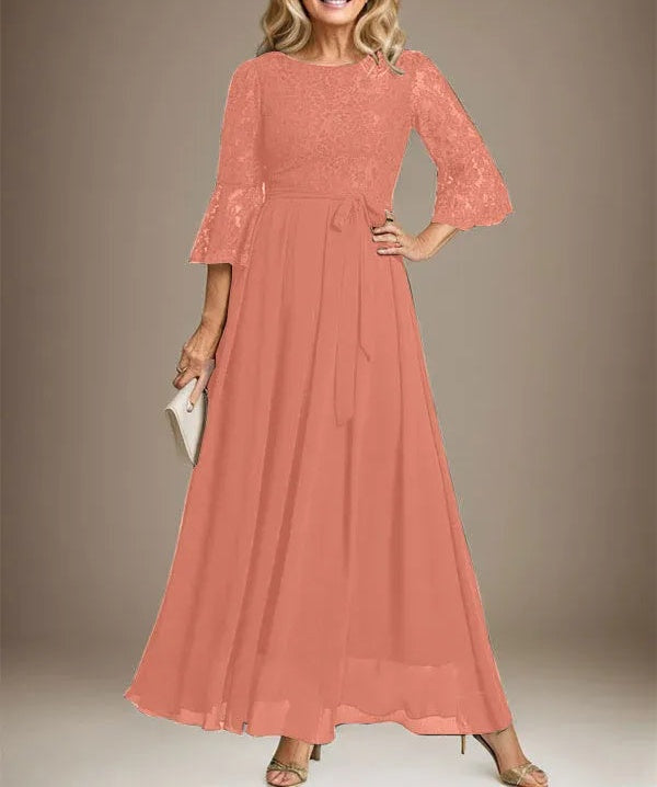 A-line Scoop Ankle-Length Lace Chiffon Mother of the Bride Dress With Bow
