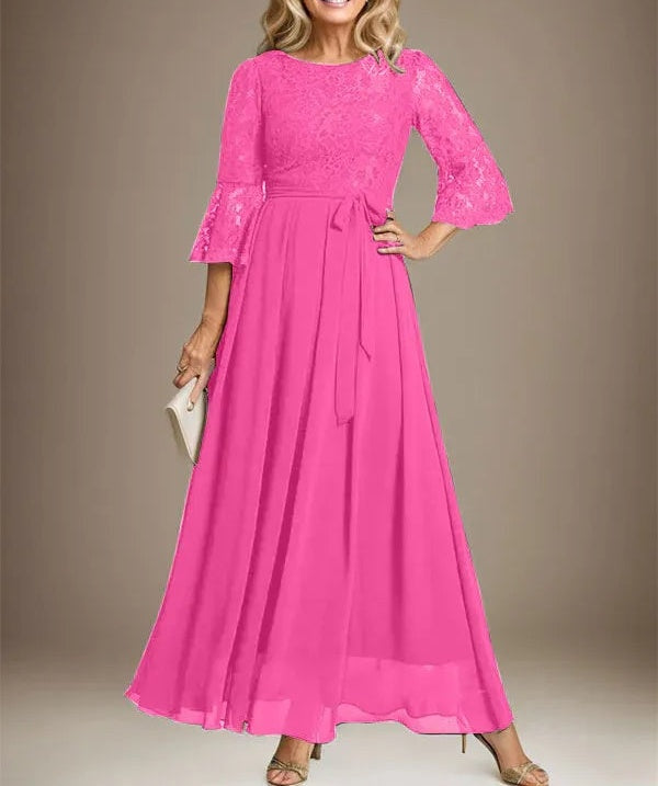 A-line Scoop Ankle-Length Lace Chiffon Mother of the Bride Dress With Bow