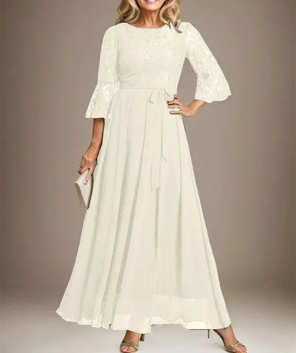 A-line Scoop Ankle-Length Lace Chiffon Mother of the Bride Dress With Bow