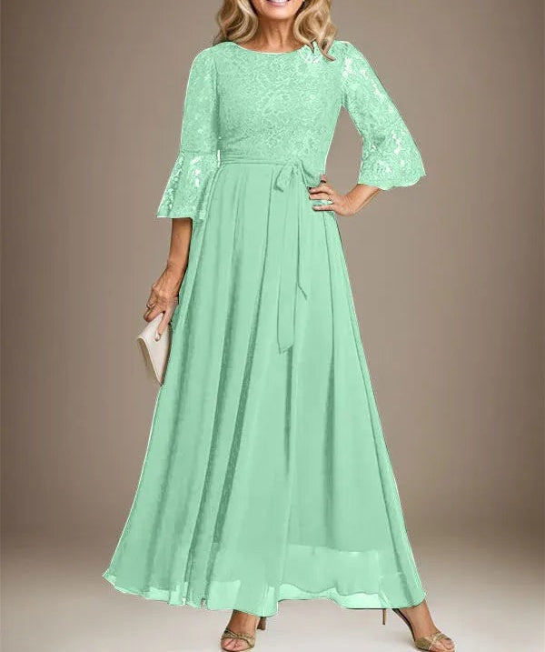 A-line Scoop Ankle-Length Lace Chiffon Mother of the Bride Dress With Bow
