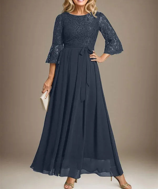 A-line Scoop Ankle-Length Lace Chiffon Mother of the Bride Dress With Bow