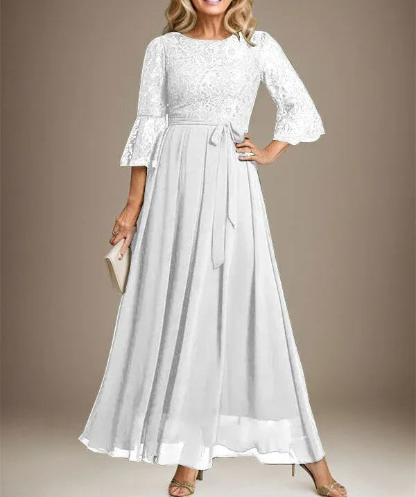 A-line Scoop Ankle-Length Lace Chiffon Mother of the Bride Dress With Bow