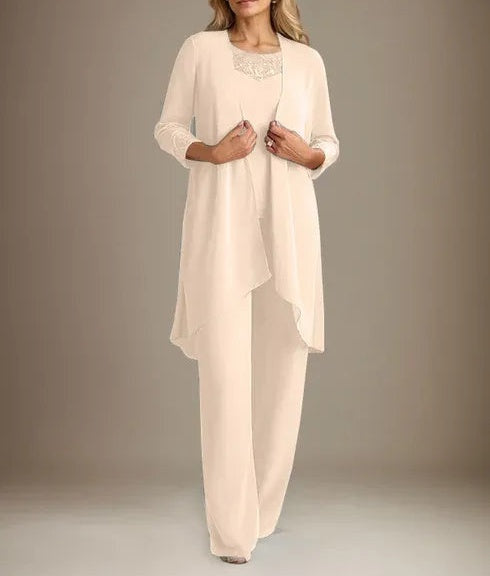 Chiffon Scoop Long Sleeves Mother Of The Bride Pantsuits With Jacket