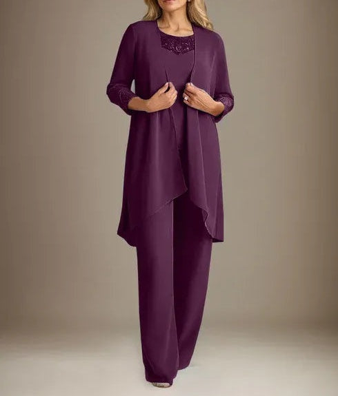 Chiffon Scoop Long Sleeves Mother Of The Bride Pantsuits With Jacket