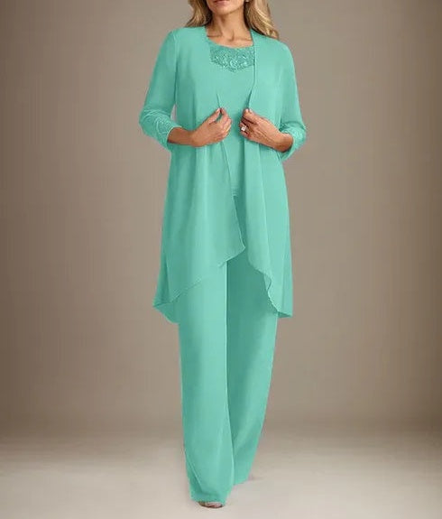 Chiffon Scoop Long Sleeves Mother Of The Bride Pantsuits With Jacket