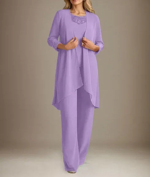 Chiffon Scoop Long Sleeves Mother Of The Bride Pantsuits With Jacket