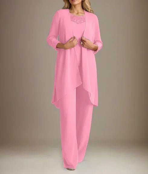 Chiffon Scoop Long Sleeves Mother Of The Bride Pantsuits With Jacket