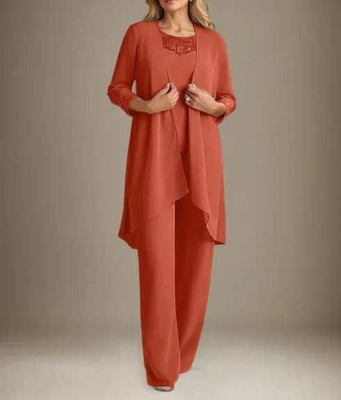 Chiffon Scoop Long Sleeves Mother Of The Bride Pantsuits With Jacket