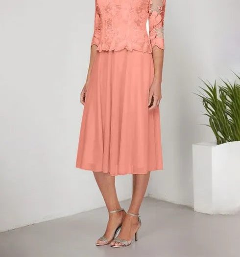 A-line Scoop Tea-Length Lace Chiffon Mother of the Bride Dress With Embroidery