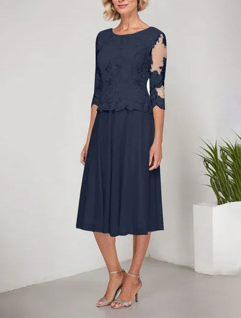 A-line Scoop Tea-Length Lace Chiffon Mother of the Bride Dress With Embroidery