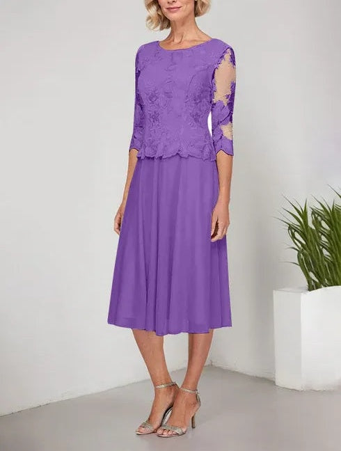 A-line Scoop Tea-Length Lace Chiffon Mother of the Bride Dress With Embroidery