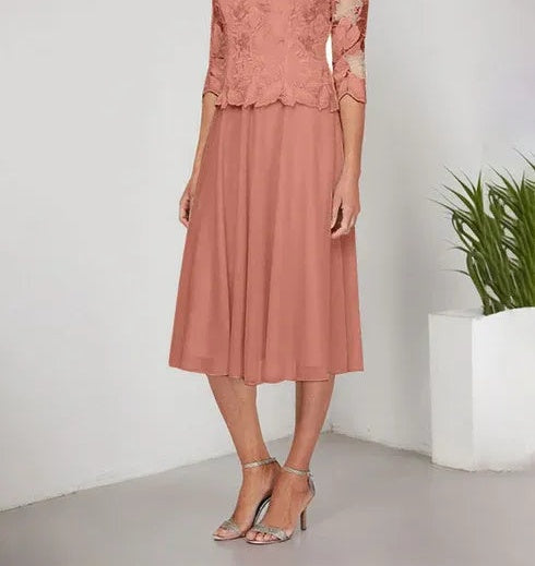 A-line Scoop Tea-Length Lace Chiffon Mother of the Bride Dress With Embroidery