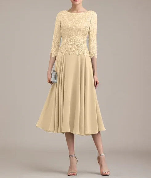 A-line Scoop Tea-Length Lace Chiffon Mother of the Bride Dress