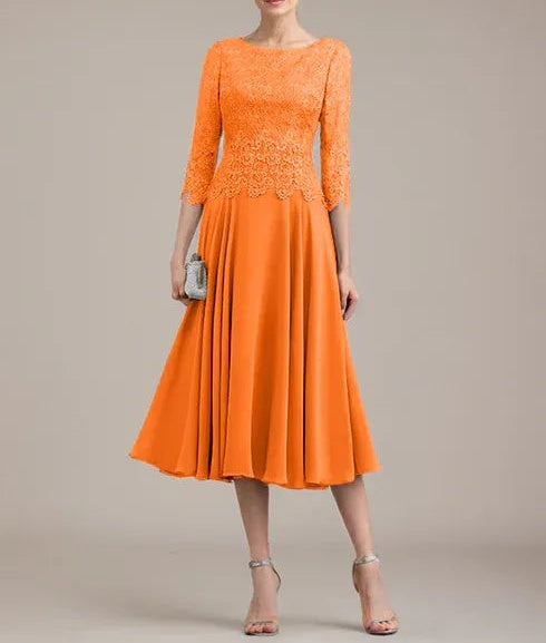 A-line Scoop Tea-Length Lace Chiffon Mother of the Bride Dress