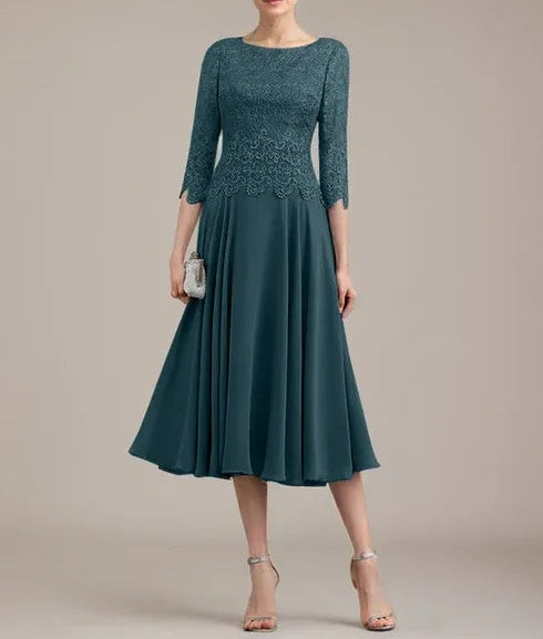 A-line Scoop Tea-Length Lace Chiffon Mother of the Bride Dress