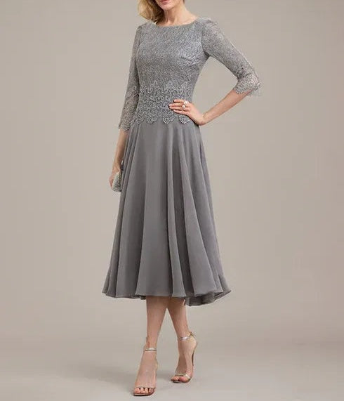 A-line Scoop Tea-Length Lace Chiffon Mother of the Bride Dress