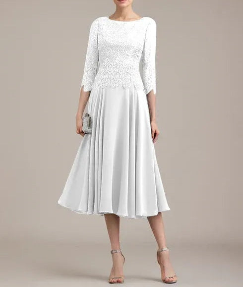 A-line Scoop Tea-Length Lace Chiffon Mother of the Bride Dress