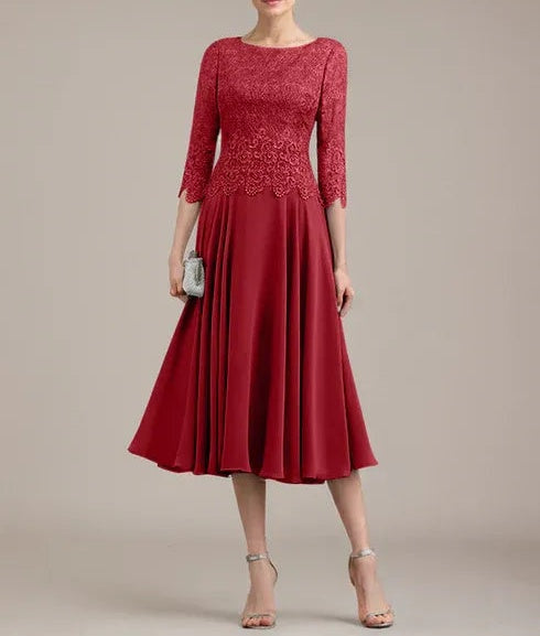 A-line Scoop Tea-Length Lace Chiffon Mother of the Bride Dress