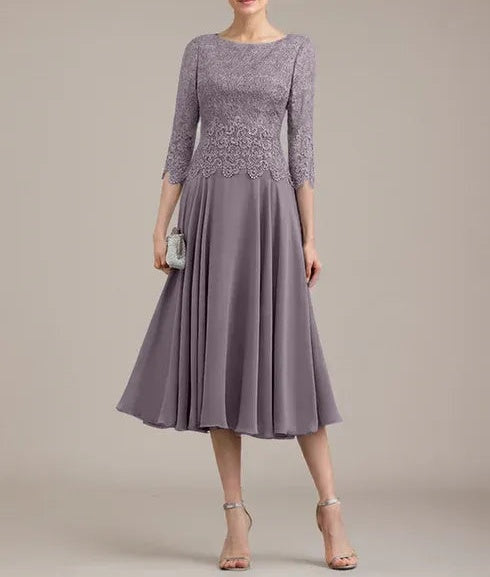 A-line Scoop Tea-Length Lace Chiffon Mother of the Bride Dress